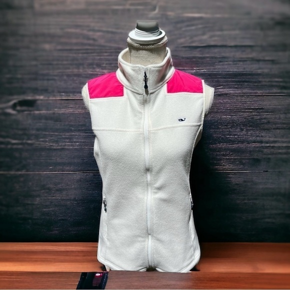 🌻Vineyard Vines White w Pink Accent Full-Zip Sweater Fleece Vest Size XS - Picture 1 of 13